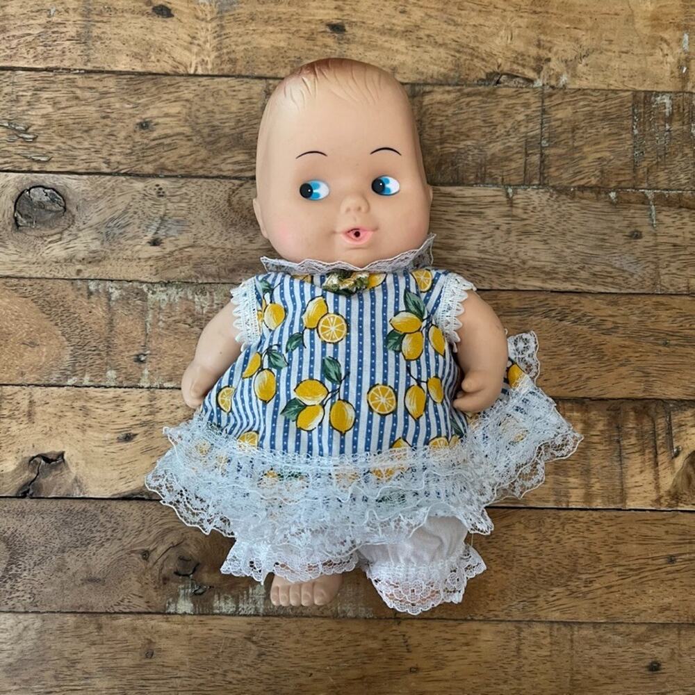 Vintage Uneeda Vinyl Doll Bright Blue Eyes Blue & White Striped Dress Lemon